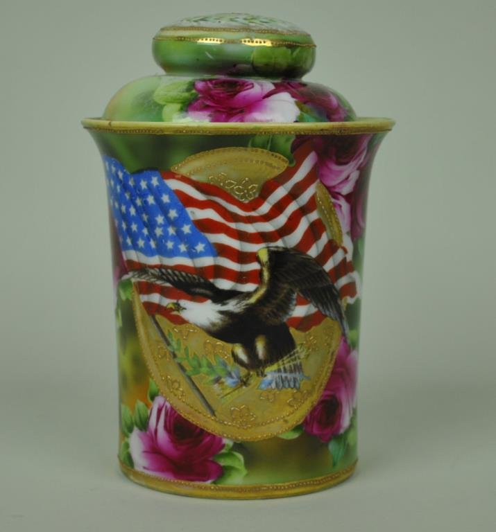 NIPPON AMERICAN FLAG & ROSES HUMIDOR: with center eagle medallion, gilding and beading, 7.75in.