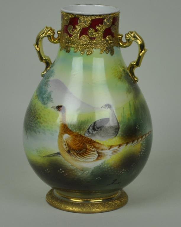 NIPPON PHEASANT SCENIC VASE: 12.5in., gilded and beaded decoration, artist signed