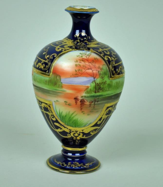 NIPPON COBALT SCENIC VASE: 9.5in., gilded and beaded decoration, footed