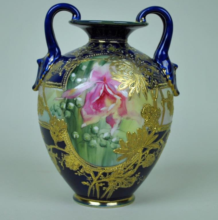 NIPPON COBALT FLORAL VASE: 9in., with gilding and enameled beading