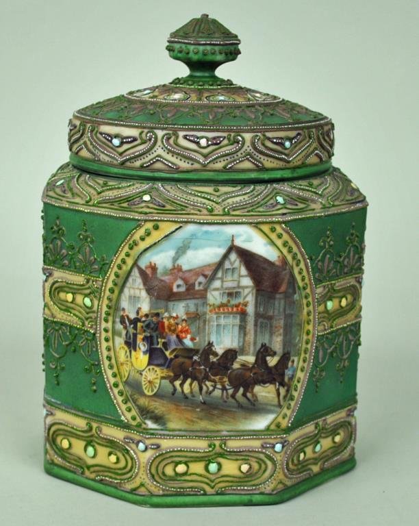 NIPPON STAGECOACH HUMIDOR: 8in., moriage decorated, appears to be paint or other factory residue where finial attaches, this area is UV clean