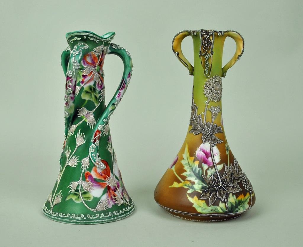 (2) NIPPON MORIAGE FLORAL VASES: each 10in., one with twist handles marked Royal Moriye, the other unmarked