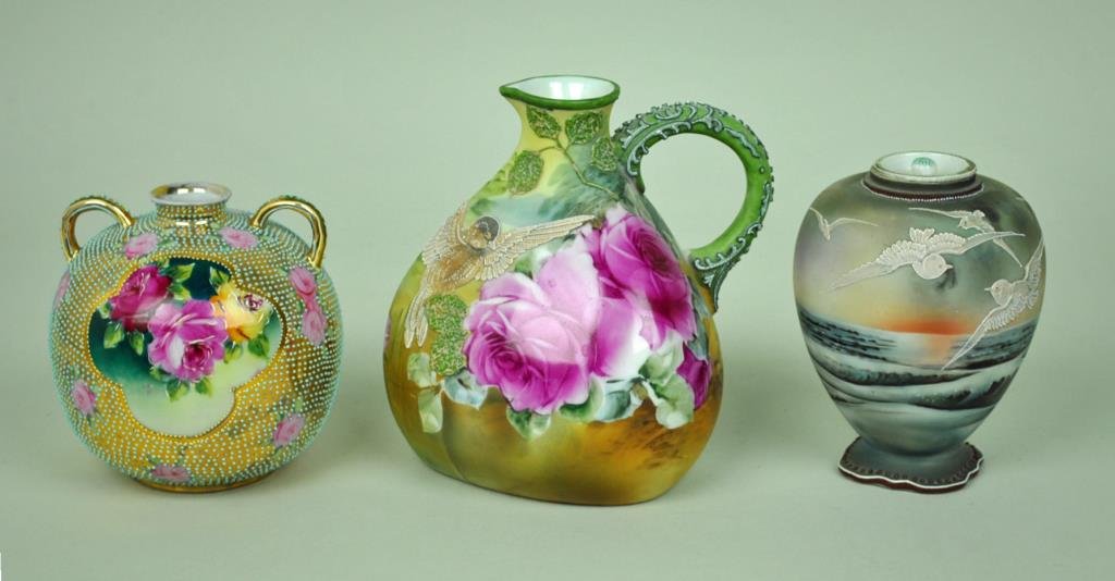 (3) PIECE NIPPON MORIAGE GROUP: including a 7" ewer in bird and roses motif, a 5" floral vase with allover turquoise beading, and a 5.5" lidded jar in bird motif