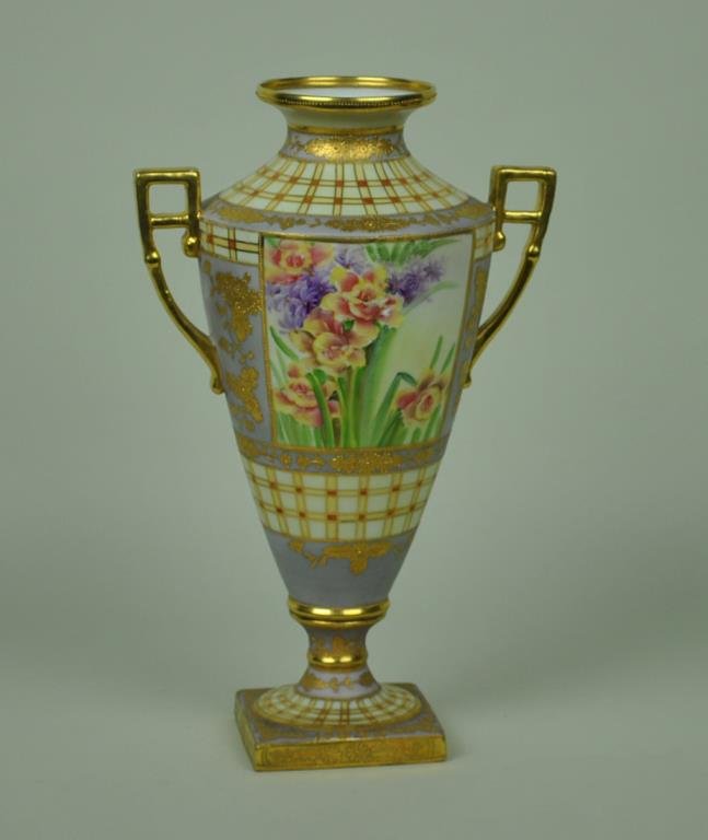 NIPPON FOOTED VASE IN FLORAL & GEOMETRIC PATTERN: 13.5in., gilded and beaded embellishments, artist signed