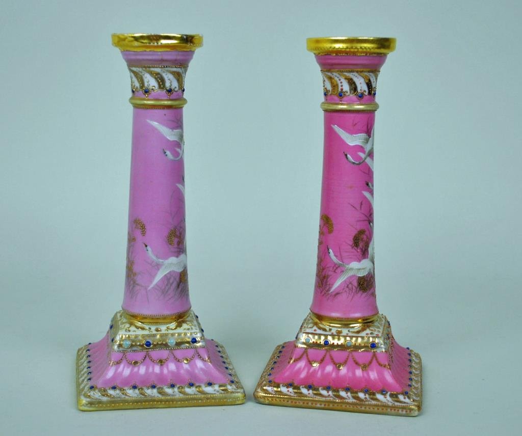 PAIR NIPPON SWAN CANDLESTICKS: 9in., pink ground with blue enamel beading, gilded trims