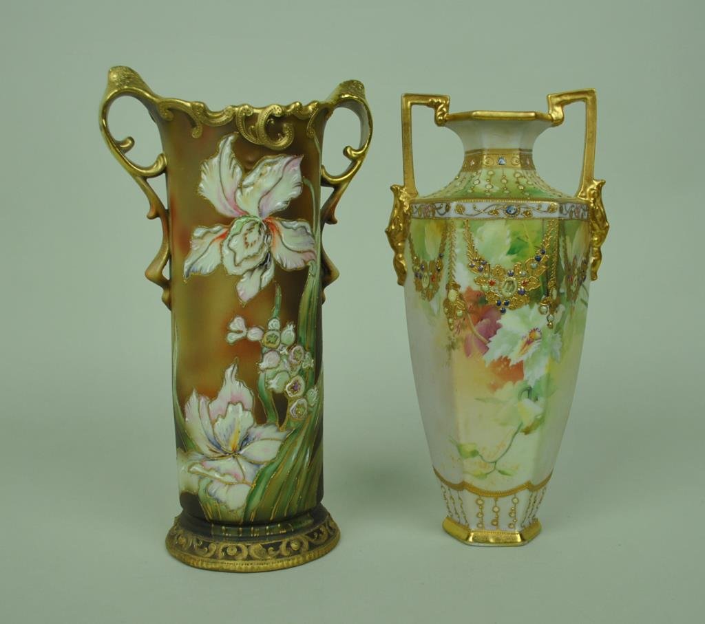 (2) NIPPON VASES: including an 11" jeweled vase in floral motif, and an 11" iris decorated vase