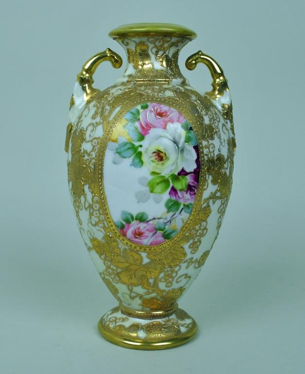 NIPPON GILDED VASE WITH ROSES MEDALLION: 10.5in., beaded trim