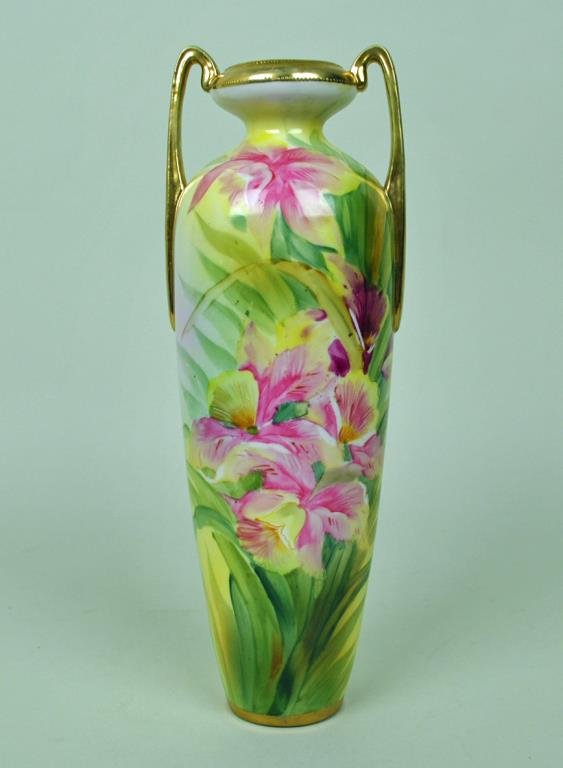 NIPPON TALL IRIS VASE: 12in., gilded handles and trim, slight wobble
