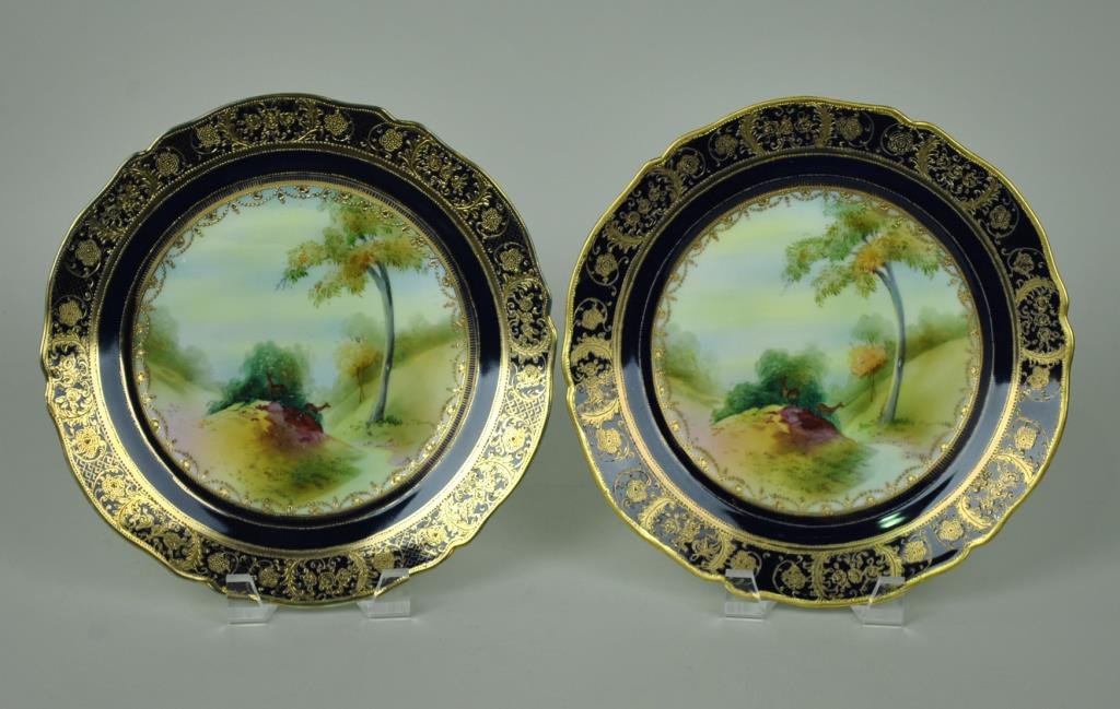 PAIR NIPPON PLATES: 10in., each with deer in landscape motif, cobalt border, similar gilded trim