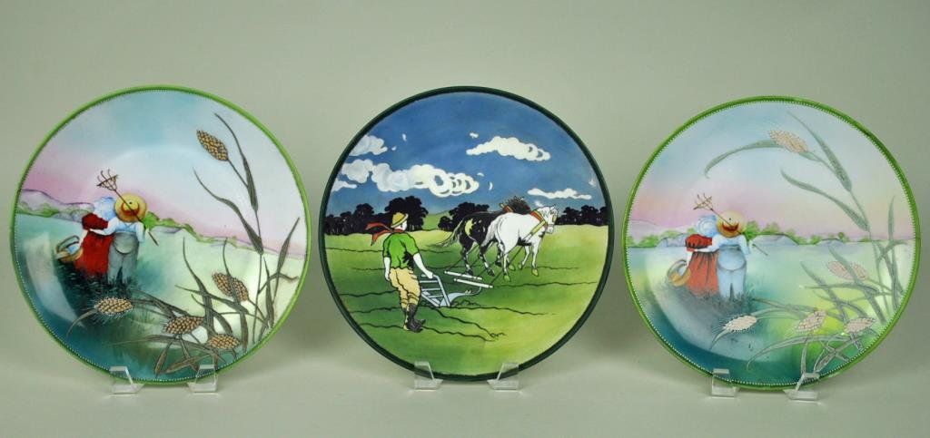 (3) NIPPON FARM SCENE PLAQUES: including a pair with moriage wheat decoration (some loss), all 10in.