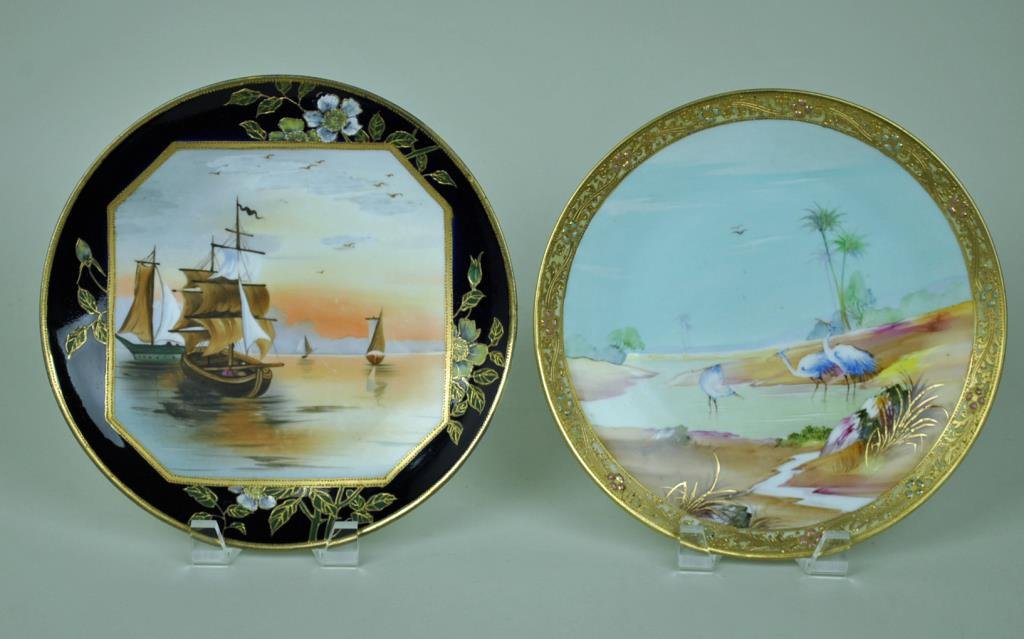 (2) NIPPON SCENIC PLATES: including a sailing ships scenic plaque with cobalt border, and a crane scenic plate with jeweled border, each 10in.