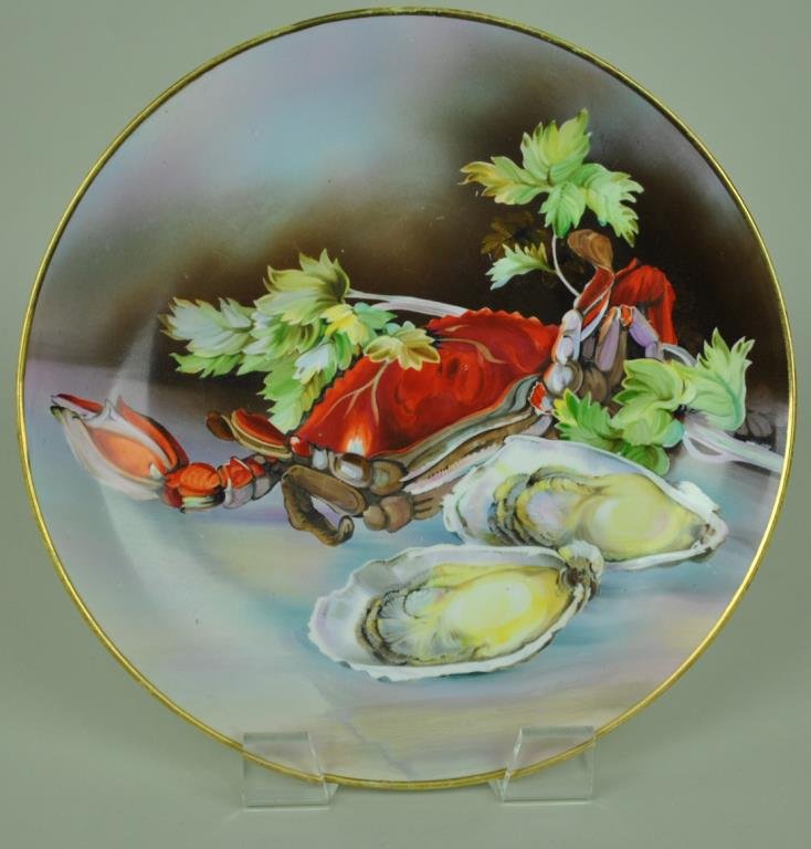 NIPPON CRAB PLAQUE: painted in crab and oyster still life motif, 12in.
