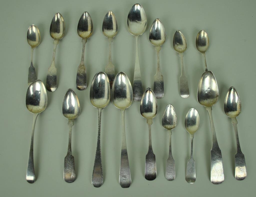 17 COIN SILVER & STERLING SPOONS: early coin includes a serving spoon by Joseph and Nathaniel Richardson (1785-1791), Philadelphia, 2 serving spoons by John Sayre and Thomas Richards (1802-1813), New York, 8 tablespoons by I. Ketcham,
