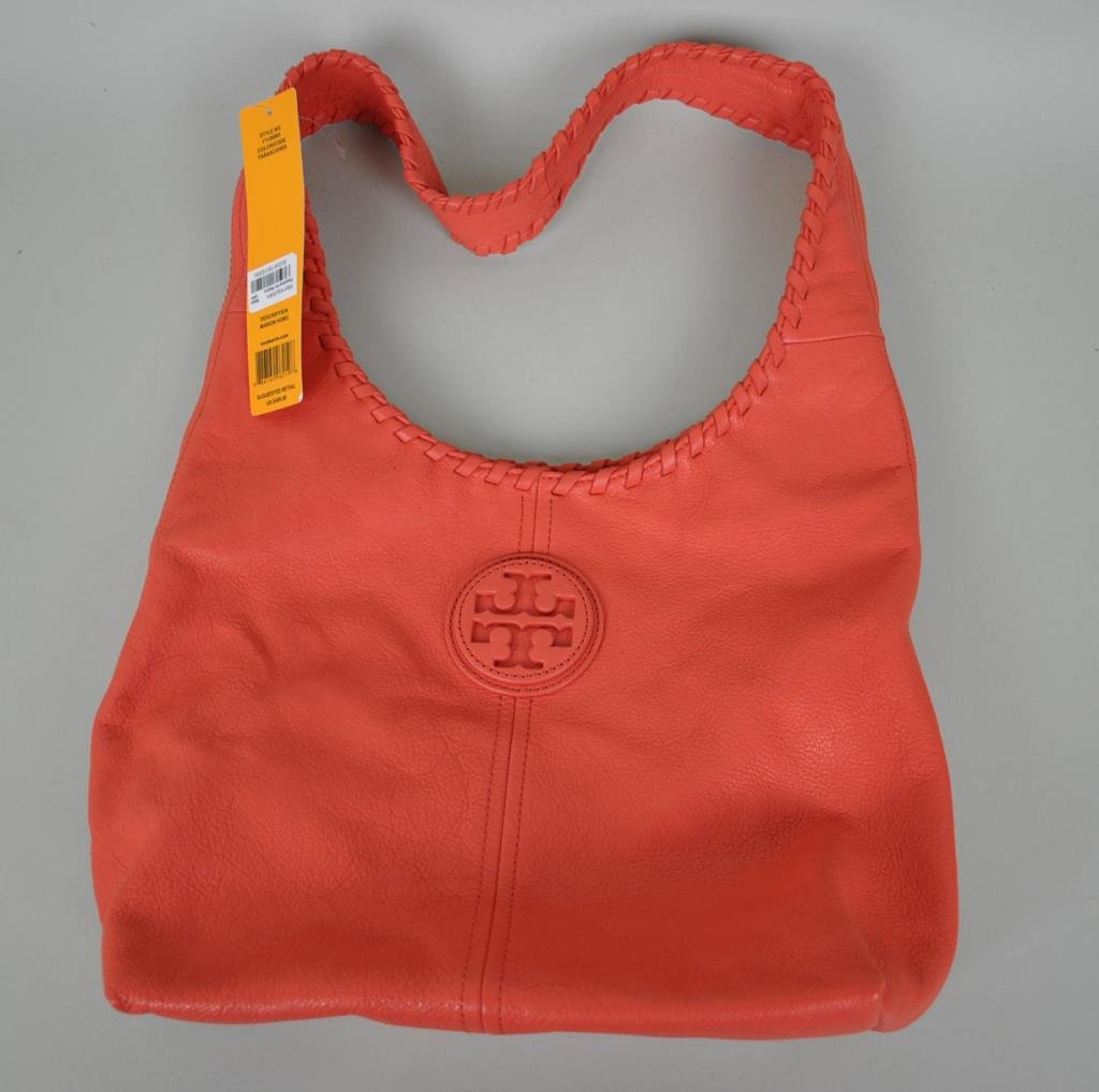 TORY BURCH CORAL LEATHER MARION HOBO BAG: new with Bloomingdales price tag and dust jacket, 13.5x14in.