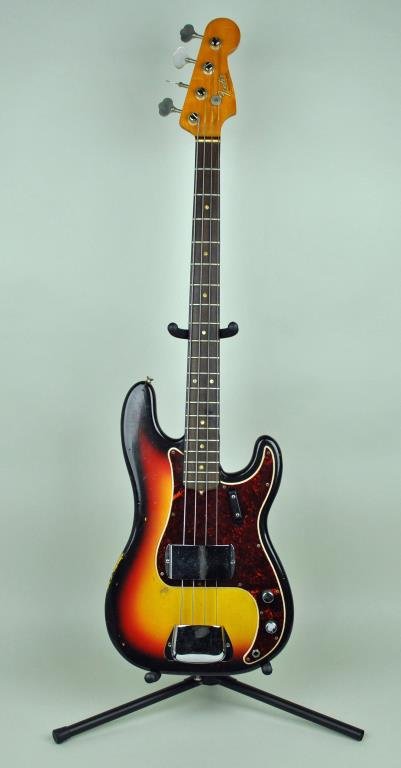 1966 FENDER PRECISION BASS STARBURST GUITAR: neck serial number 165346, pickup replaced with a Fender Lace, allover scratches, dings and nicks, except for pickup, all appears to be original, 46in., said to be in good working order, with fitted F