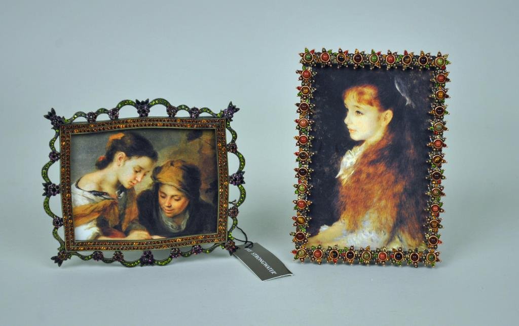 (2) JAY STRONGWATER JEWELED PICTURE FRAMES: both new in original boxes with dust jackets and small screwdrivers, overall 5.25x6.25in. and 6.5x4.5in.