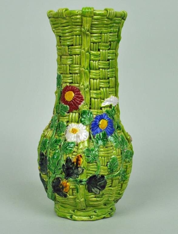 BANKO WARE BASKETWEAVE VASE: 11.5in., floral decorated, incised mark
