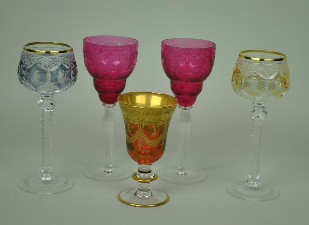 (5) MULTI COLOR CRYSTAL STEMS: including a pair of etched ruby stems, a pair of cut to clear stems in blue and yellow, and a gilded ruby example, tallest 8.5in.