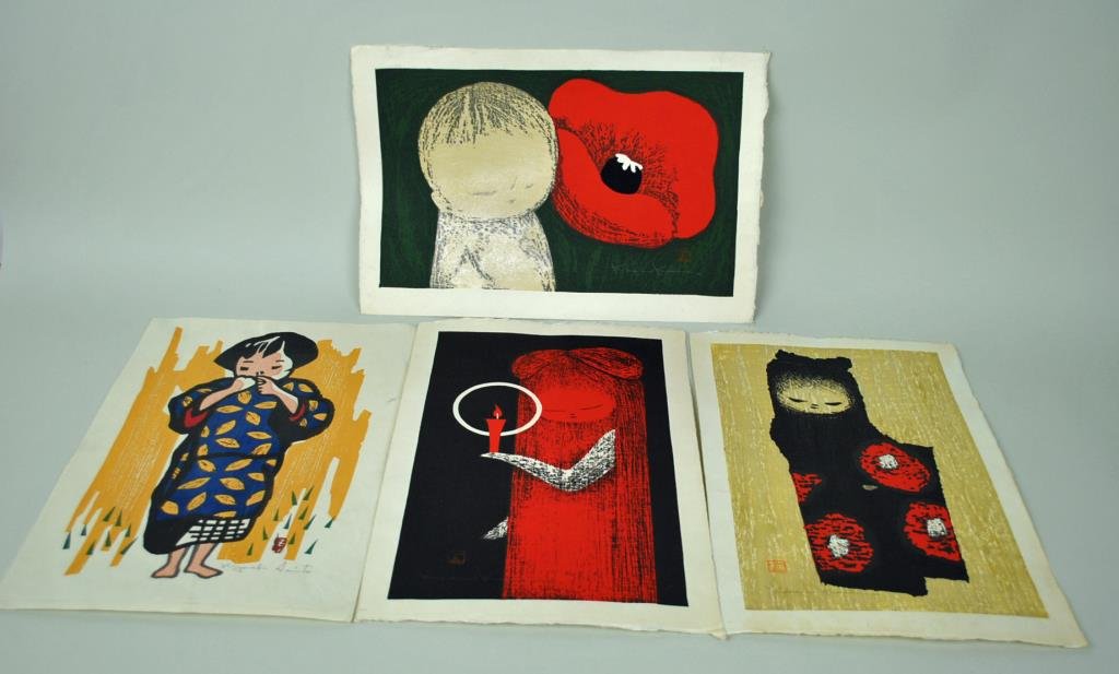 (4) JAPANESE WOODBLOCK PRINTS: all pencil signed including one by Kyoshi Saito (1907-1997), and three by Kaoru Kawano (1916-1965), unframed, mainly 17x11in.