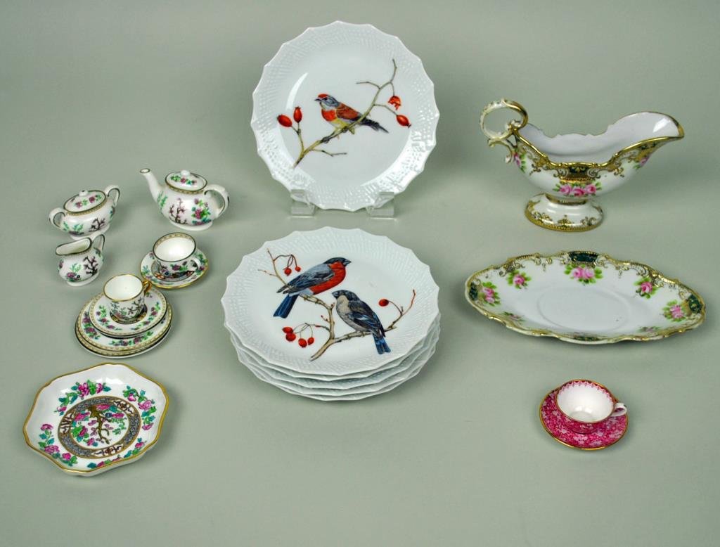 (20) ASSORTED PORCELAIN CHINA GROUP: including 10 pieces miniature Coalport china, a Spode Copeland miniature cup & saucer, a set of 6 Limoges bird plates (6"), and a Nippon floral sauce boat with underplate (minor hairline under base)