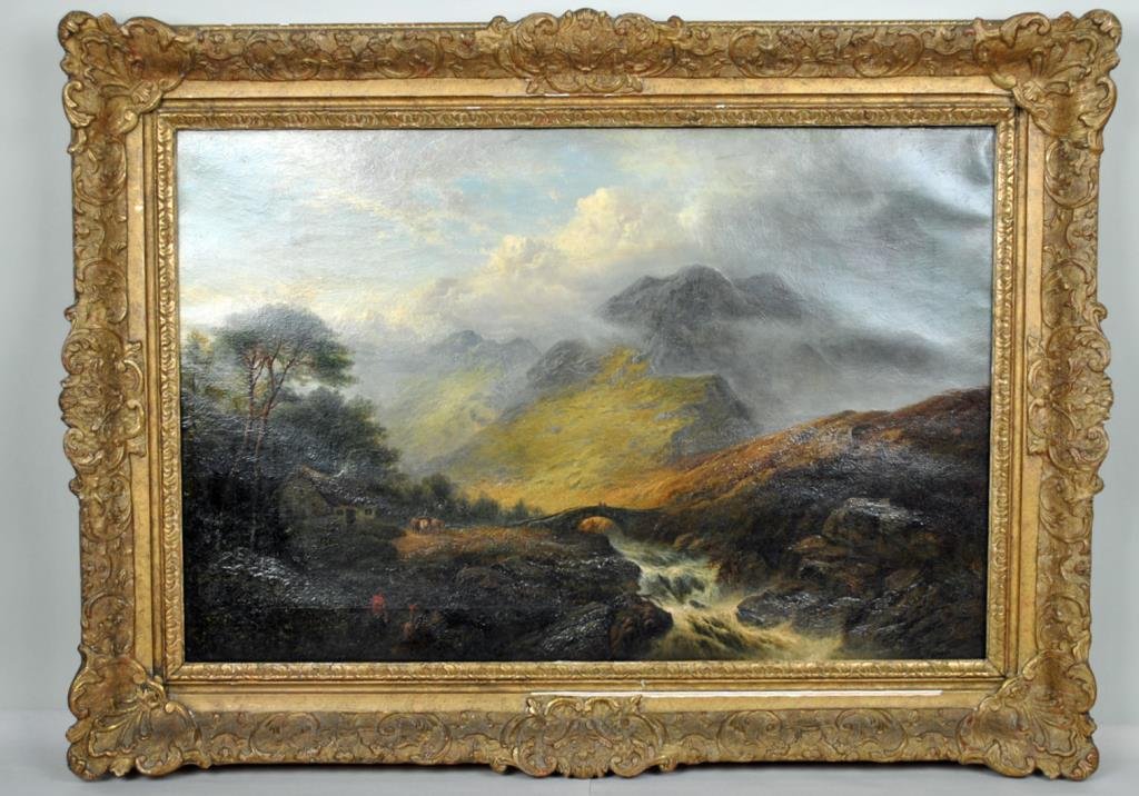 19THC. SCOTTISH HIGHLANDS PAINTING SIGNED W. WEIR: a Brig O' Teith view depicting a thatched cottage, figures and oxen, oil on canvas, signed 'W. Weir' lower left, 20x30in.