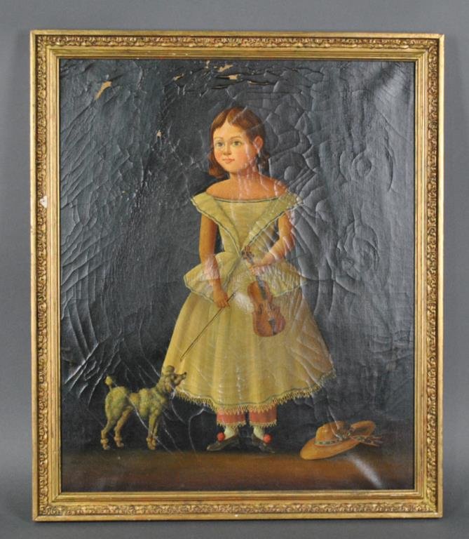 AMERICAN SCHOOL (AS IS) FOLK ART PORTRAIT: full length portrait of a girl holding a violin with poodle by her side, signed in her hat at lower right M. Ph_?, oil on canvas, moderate cupping and cleavage, some paint flaking, center bulge, soili