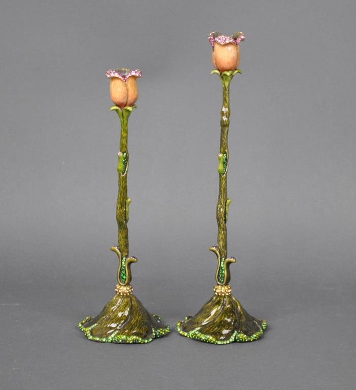 (2) JAY STRONGWATER ENAMELED CANDLESTICKS: new in original boxes, 11-12in.