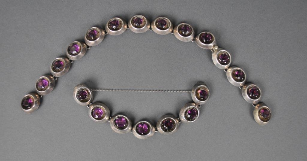 LOS CASTILLO STERLING & AMETHYST BRACELET: stamped 'Los Castillo Taxco 767 Sterling Made in Mexico', together with an as-is matching necklace (clasp present but missing links), 12.5in., Estate Collection