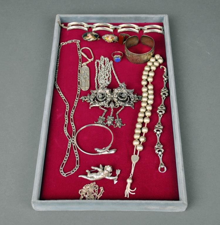 14-PIECE SILVER JEWELRY GROUP: including 2 neckchains, a dolphin bracelet, a cherub pin, a dragon buckle, a beaded necklace, 2 link bracelets, a cuff bracelet, 2 enameled portrait pins (one chipped), 2 rings and a key chain, stampe