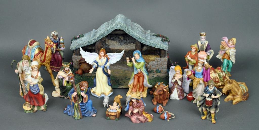 23-PIECE THOMAS KINKADE NATIVITY SET: including the Star of Hope Creche, Child Christ, Mother Mary and Father Joseph, Ever Faithful Sheepherder & Faithful Donkey, Bountiful Water Barer & Humble Peasant Maiden, Little Drummer Boy & Seated