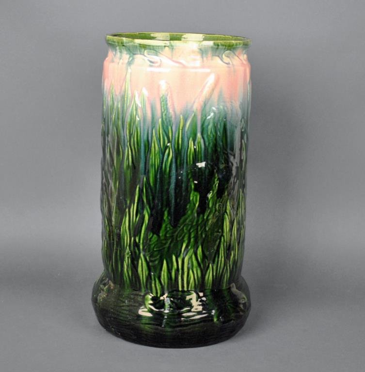 MAJOLICA GLAZED HERON UMBRELLA STAND: embossed heron and leaf motif, unmarked, 21in., light wear and crazing, Estate Collection