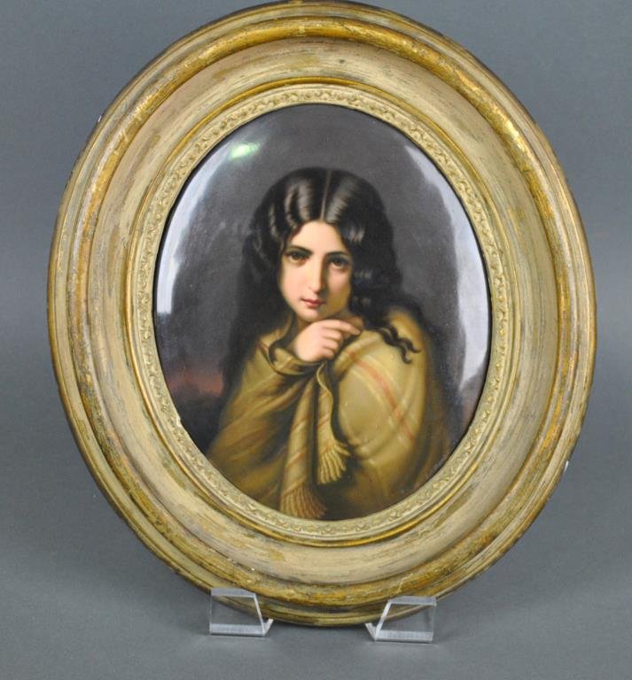 KPM PORCELAIN PLAQUE - GIRL IN BLANKET: 19thC., marks include KPM with scepter and 5, plaque 10.75x8.75in.