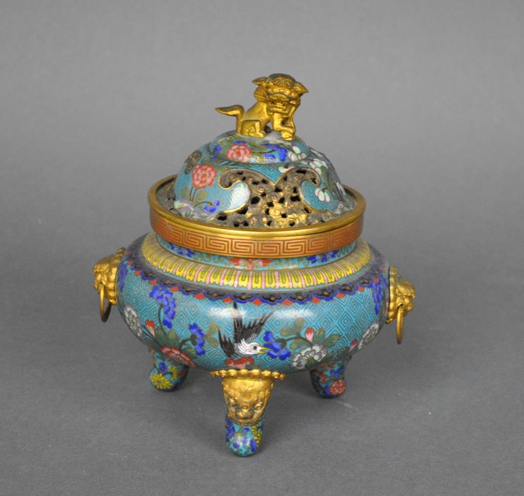 CHINESE QING CENSER BY LAO TIAN LI: in cloisonne allover floral decoration with single bird, gilt mask ring handles, lid rim with 4 character Lao Tian Li mark, 6.5in.