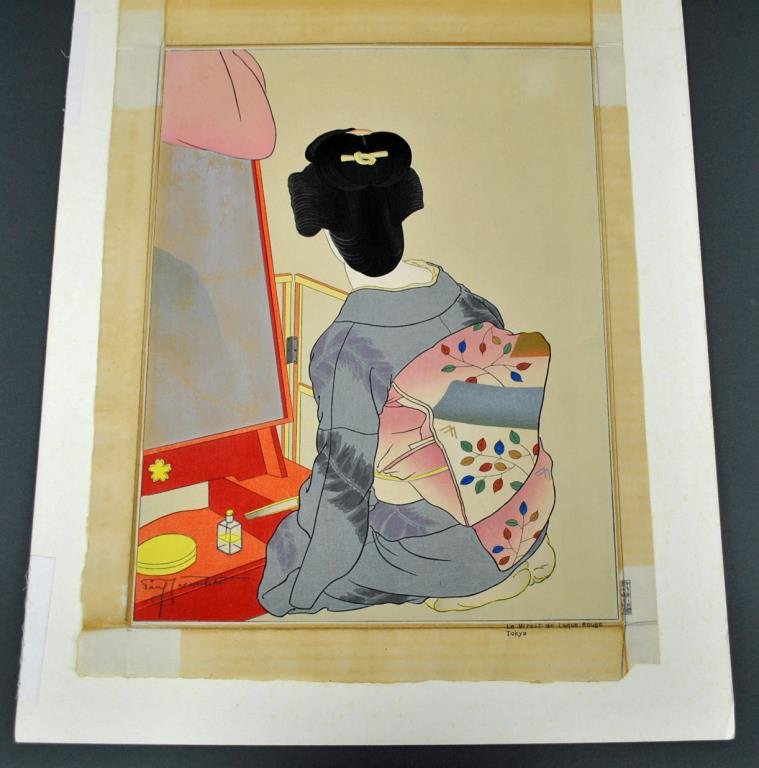 PAUL JACOULET WOODBLOCK- LE MIROIR DE LAQUE ROUGE: Tokyo, pencil signed lower left, right margin with title and publisher's stamp, 16x12in., some yellowing particularly to margins