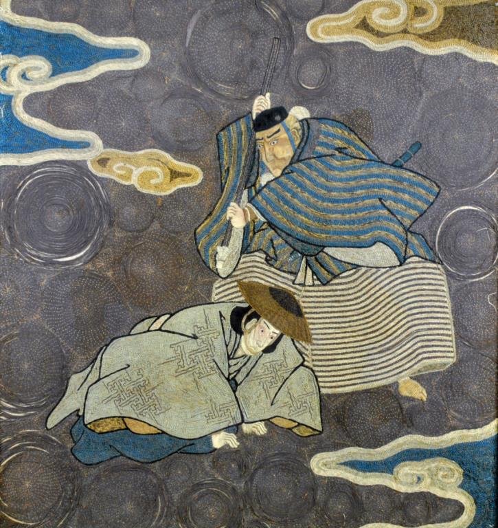 JAPANESE SILK & CORD NEEDLEWORK WALL HANGING: likely Meiji, depicting figures, 28x24in., some loose cords