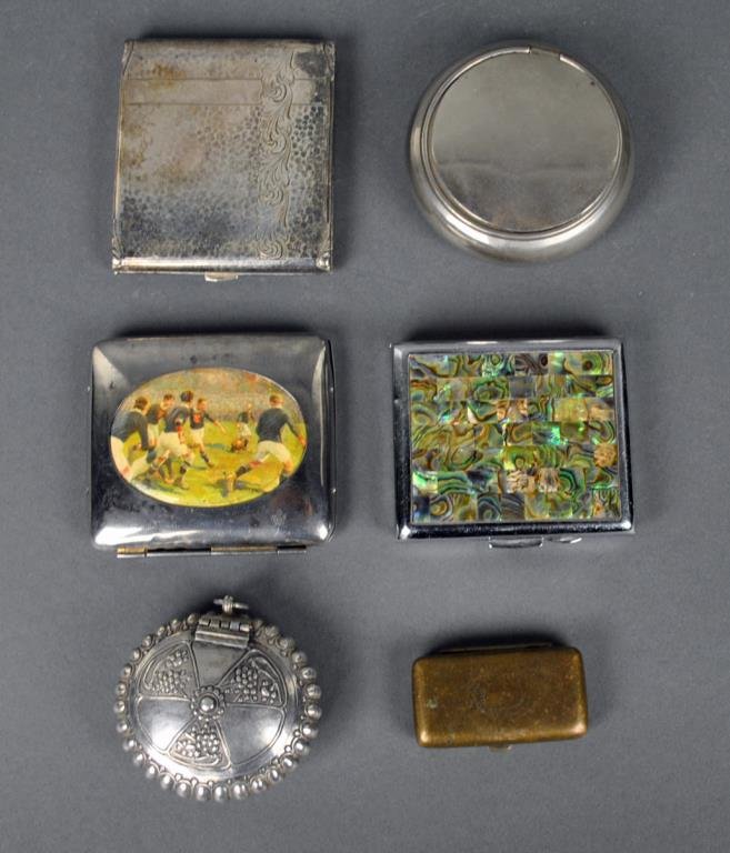 (6) PIECE VINTAGE SMOKING ACCESSORIES GROUP: including 3 cigarette cases (one in abalone, one with offset soccer print), 2 tobacco pots (one possibly Indonesian silver), and a small snuff, largest 3.5in., Estate Collection