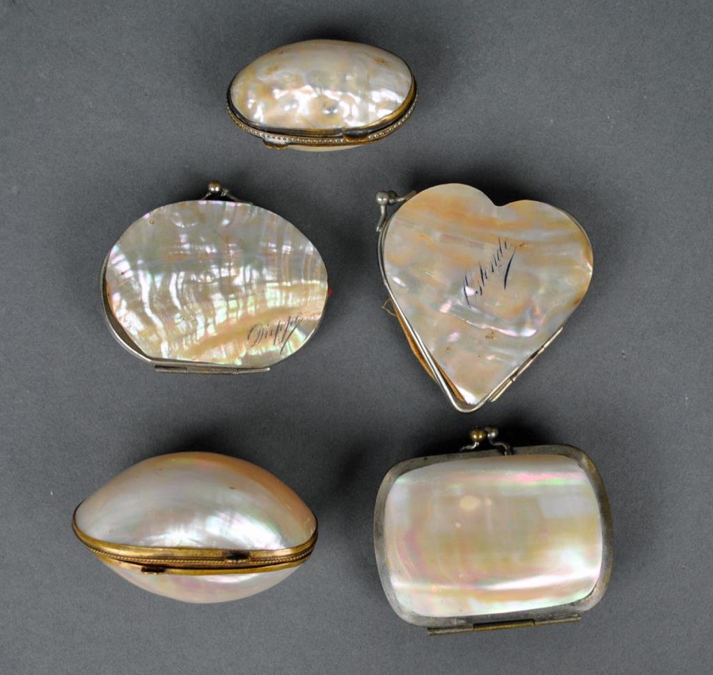 (5) MOTHER-OF-PEARL MINIATURES: including 3 hinged coin purses (2 with engraved names), and 2 egg-form boxes, largest 3in., overall wear, Estate Collection