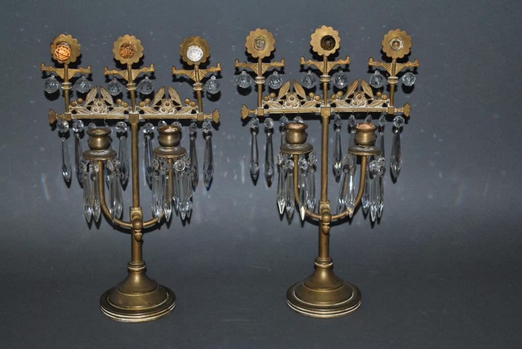 (2) PIECE BRASS & CRYSTAL CANDLE/GIRANDOLE GROUP: with adjustable height candle holders, having both faceted ball and hanging prisms, two balls separated but present, 17in.