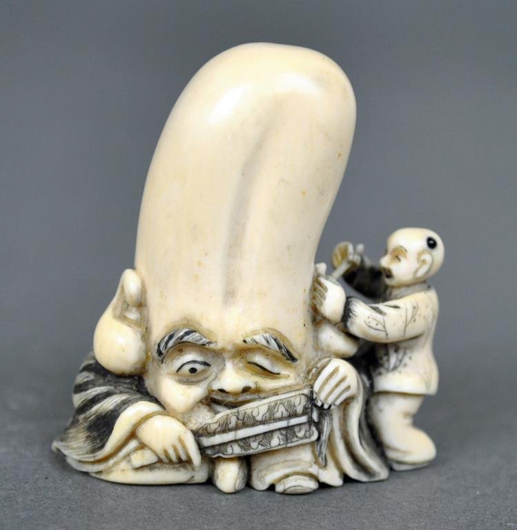 JAPANESE CARVED IVORY NETSUKE: Karako & Fukurokuju, signed, 2in., NO INTERNATIONAL SHIPPING