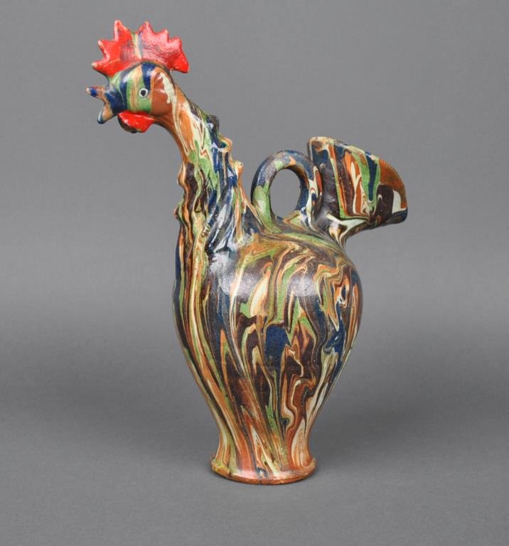 FRENCH JASPE ROOSTER-FORM GARGOULETTE: c.1890, 14in., age and use wear, glaze rubs, Estate Collection