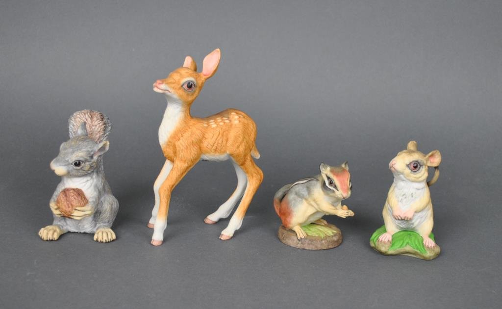 (4) BOEHM ANIMALS: including Fawn #400-90, Deer Mouse #400-89, Sitting Chipmunk #400-84 and Squirrel #400-94, Boehm hallmarks, largest 6.5in.