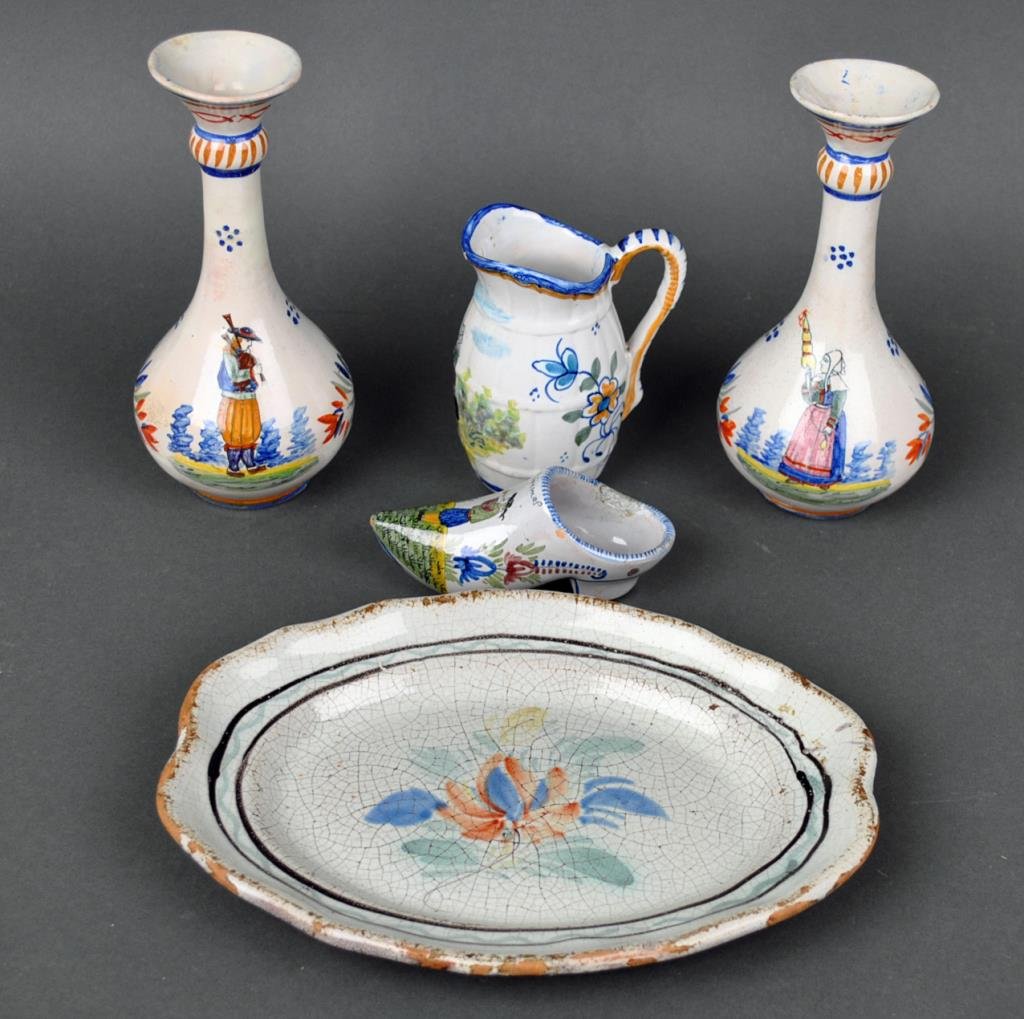 QUIMPER (5) PIECE FAIENCE GROUP: 19thC., including a pair of 8" vases signed Henriot Quimper (each with restoration), a 10" platter (wear & glaze rubs), a 5" cream jug signed Quimper (glaze nick to spout), and a 5" shoe (repair, glaz