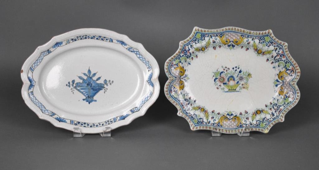 (2) ROUEN STYLE FRENCH FAIENCE PLATTERS: 18th/19thC., including a Forges-les-Eaux blue & white platter with black bottom (minor rim chips and surface cracks), and a polychromed floral platter with underglaze blue mark (old restorations, glaz