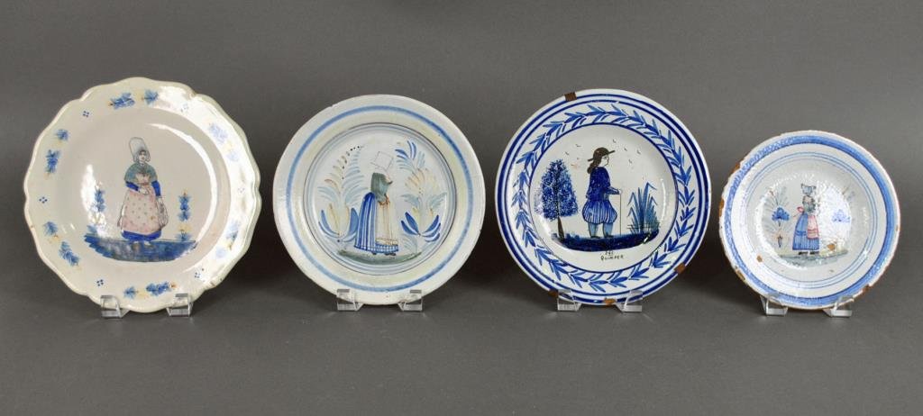 (4) QUIMPER FAIENCE PLATES: 19thC., including a 9.5" plate depicting a female figure facing front, with HB mark to the reverse, and a 9" plate depicting a male figure marked HB Quimper to the front