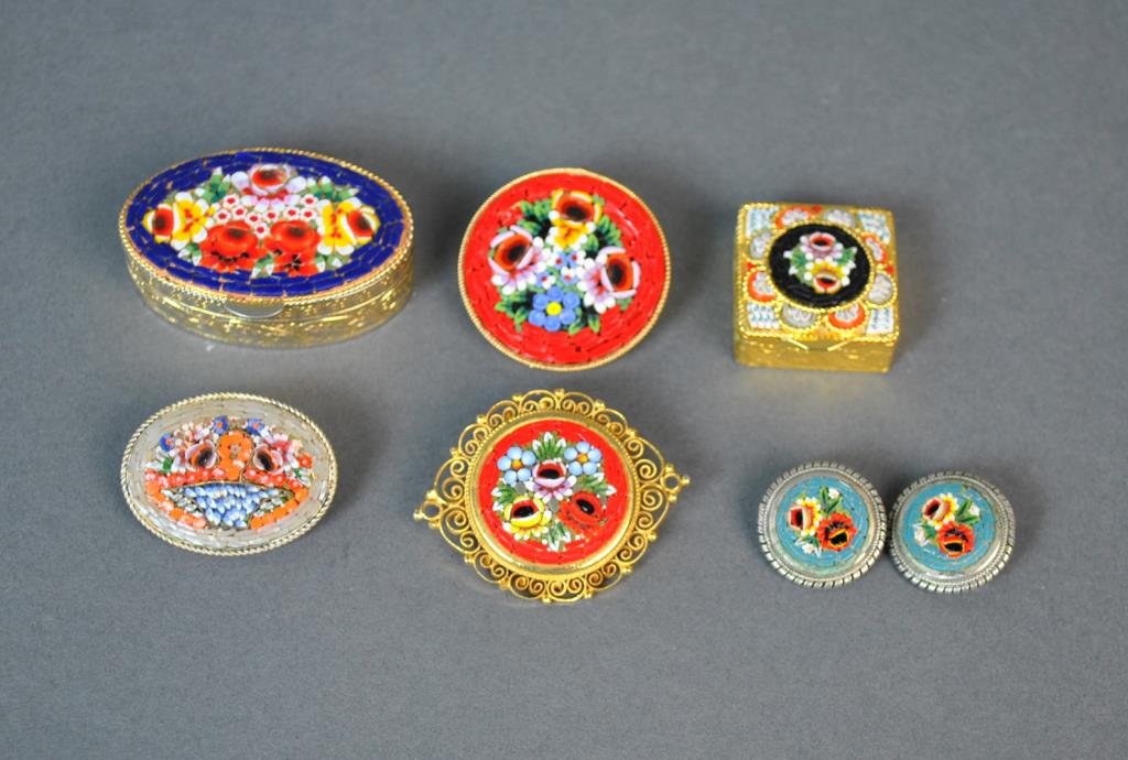 (6) PIECE MICRO MOSAIC GROUP: including 3 pins, a pair of clip earrings, and 2 pill boxes, some marked Italy, largest 2in.