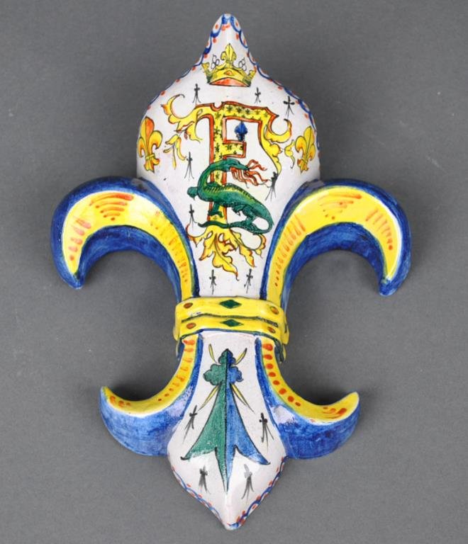 ANTIQUE FLEUR DE LYS FAIENCE WALL POCKET: with initial 'F' and salamander of Francois I, Blois, France, CA mark, 10in.