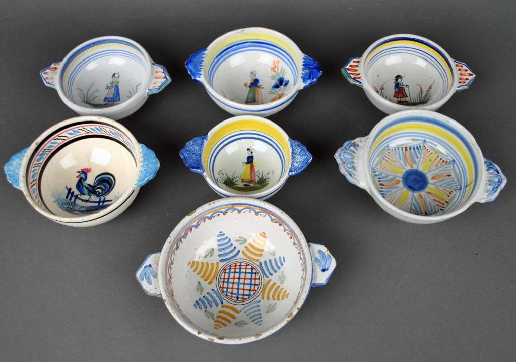(7) QUIMPER FAIENCE BOWLS: 19thC., 4-6in., most with glaze rubs and nicks, some crazing, rooster bowl also with spider cracks to bottom
