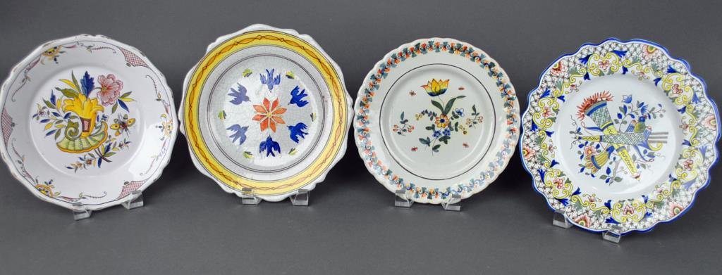 (4) FRENCH FAIENCE POLYCHROME PLATES: 18th/19thC., largest 10in.