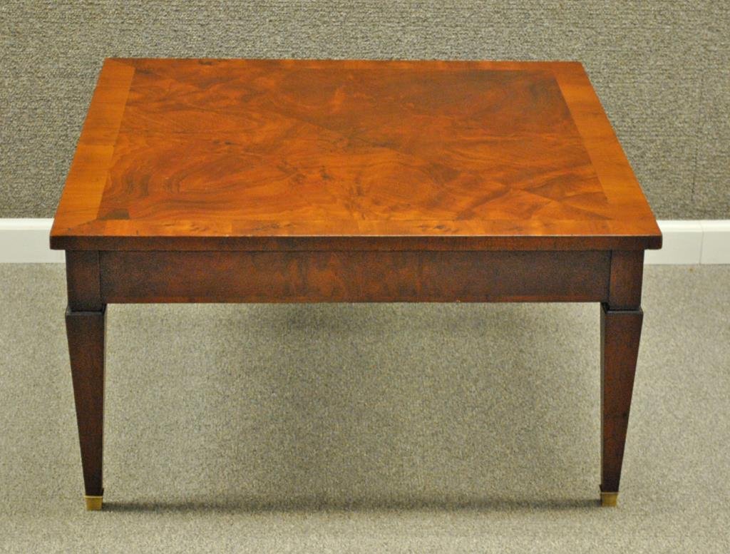 JOHN STUART BURLWOOD LOW TABLE: needs refurbishing / refinishing, metal tag of John Stuart, 17x32x32in.