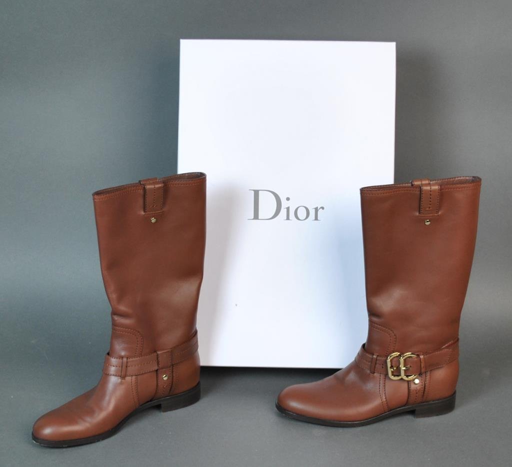 PAIR LADIES DIOR BROWN LEATHER BOOTS: made in Italy, very lightly worn, scuffs to soles of shoes, in original box, height 13in., sz. 37 1/2